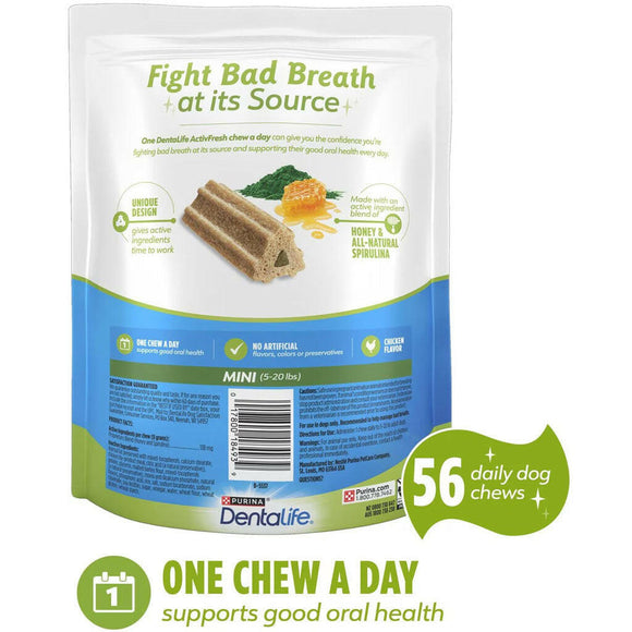 Back Label of Purina DentaLife ActivFresh Daily Mini Dental Dog Treats