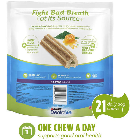 Back Label of Purina DentaLife ActivFresh Daily Oral Care Large Dental Dog Treats