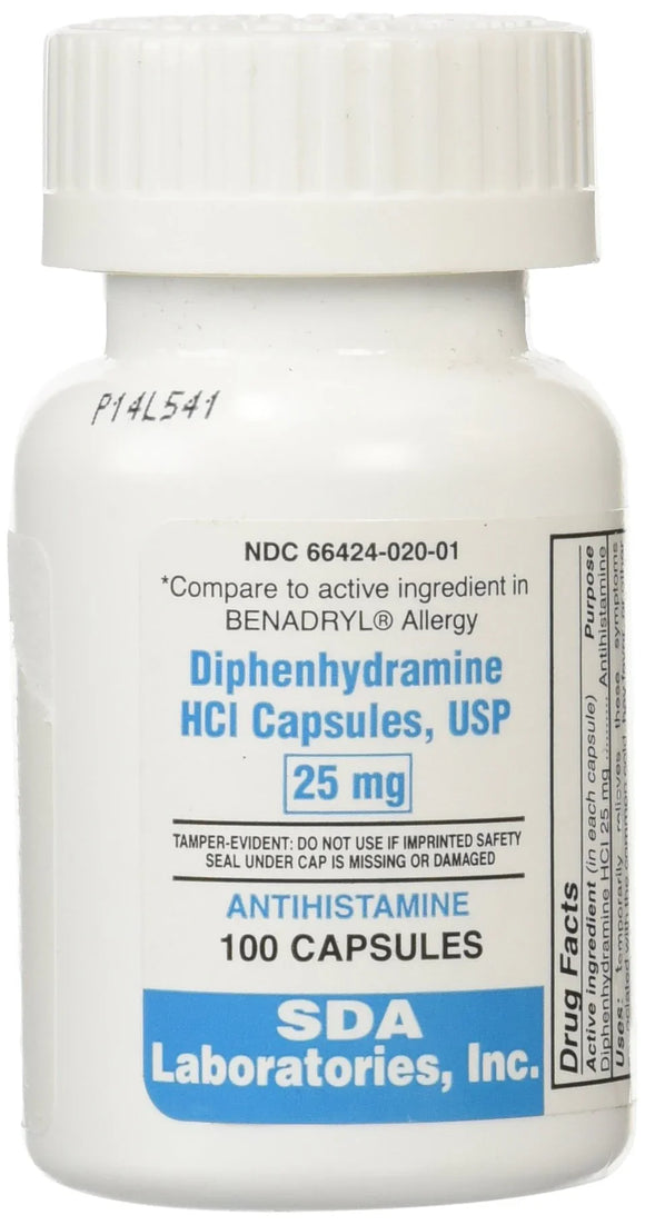 Diphenhydramine HCI Capsules (Manufacturer may vary - 25-mg / 100 Capsules - Online Dog Pharmacy: Supplements Vitamins