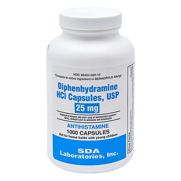 Diphenhydramine HCI Capsules (Manufacturer may vary - 25-mg / 100 Tablets - Online Dog Pharmacy: Supplements Vitamins