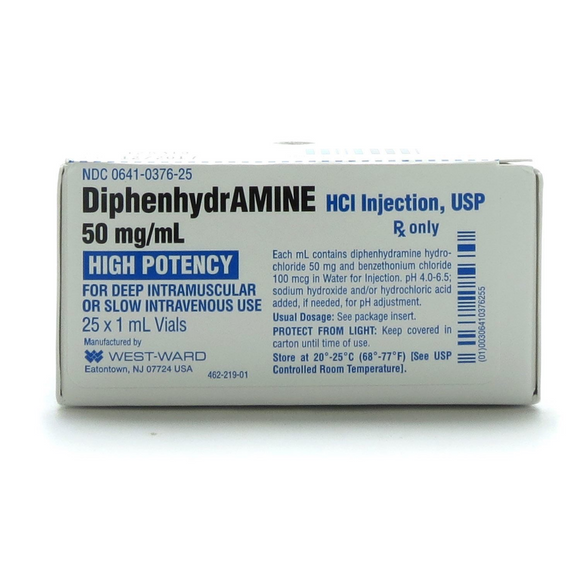 Diphenhydramine HCI Injection - 50mg/ml - 1-ml vial (pack of 25 vials) - Online Dog Pharmacy: Supplements Vitamins