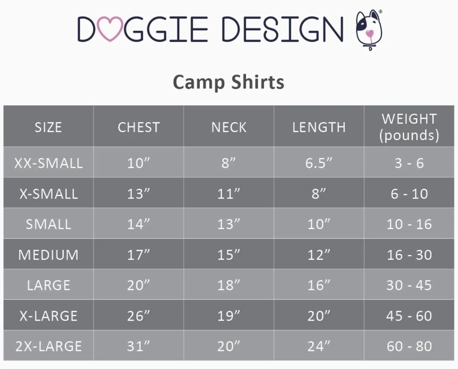 Doggie Design Camp Size Chart
