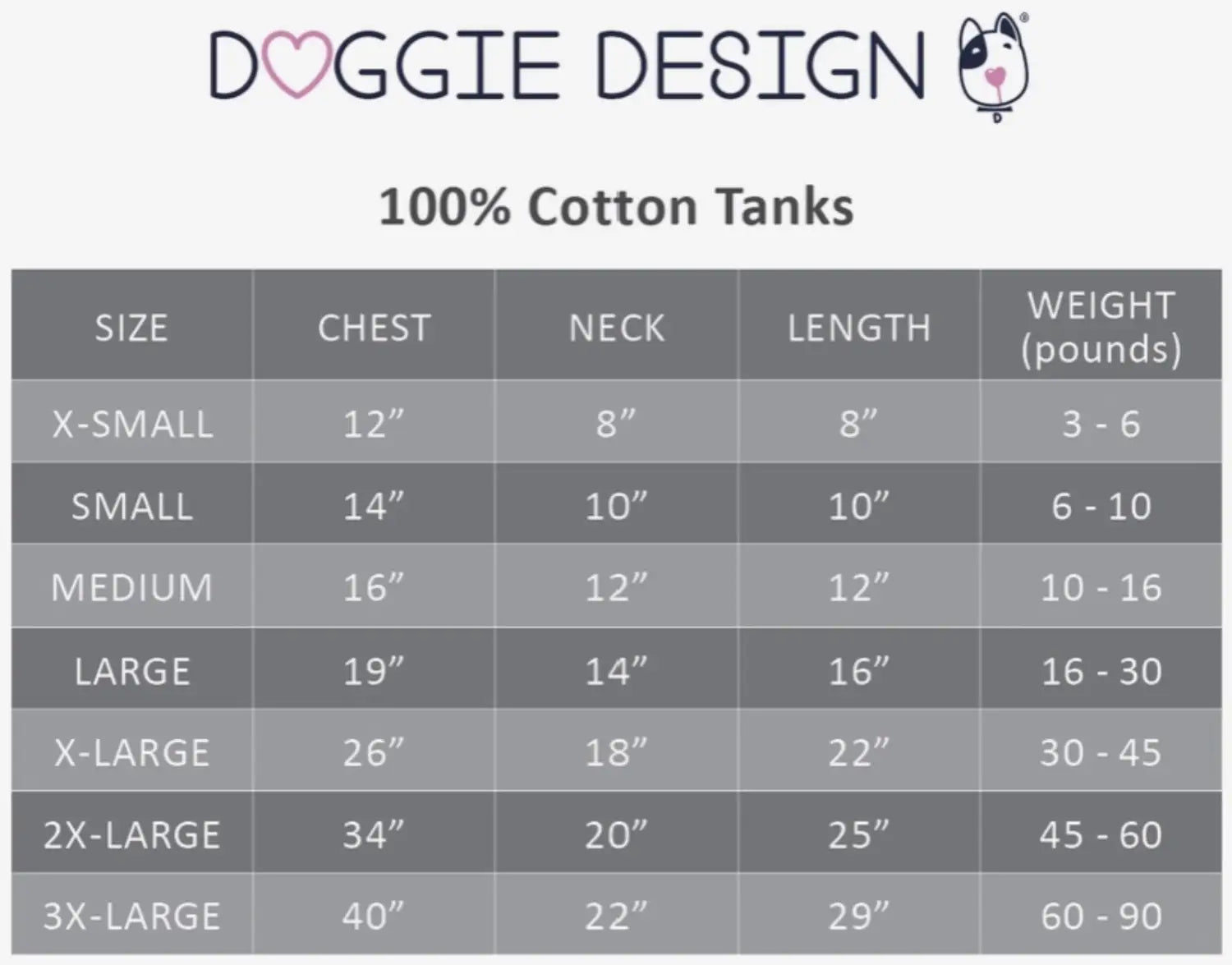 Doggie Design Cotton Tank Size Chart