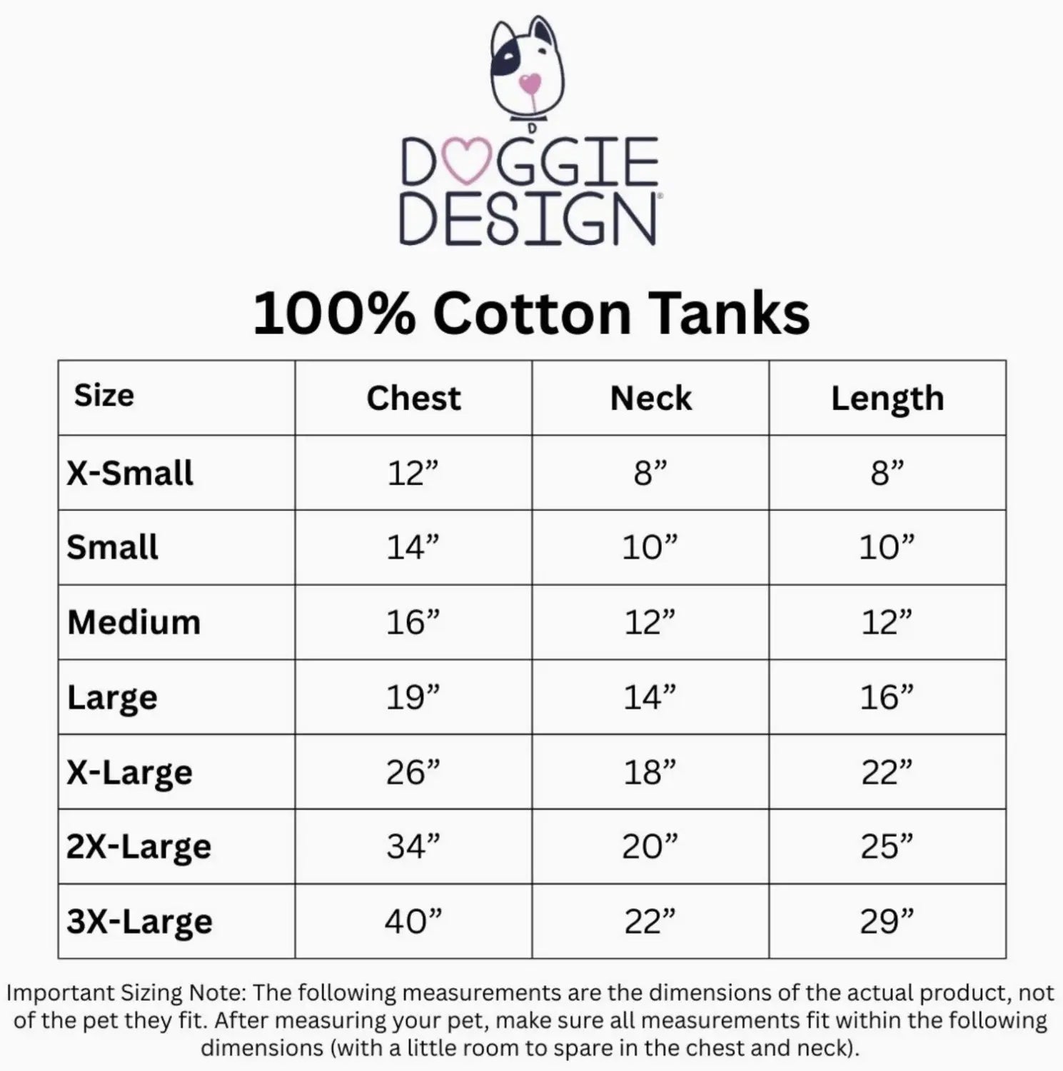 Doggie Design Tank Size Chart