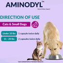 Aminodyl product information for cats and small dogs with directions on a purple background.