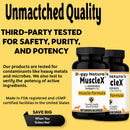 Doggy Naturals MuscleX muscle formula supplement bottles with text about product quality and safety on a yellow background.