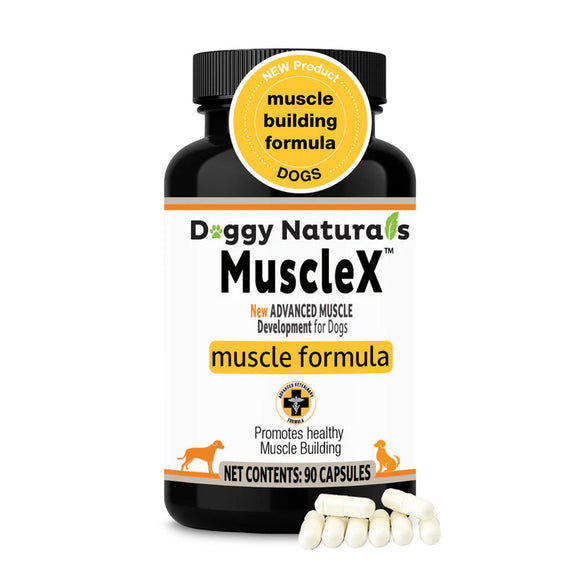 Doggy Naturals MuscleX muscle building formula for dogs on a white background