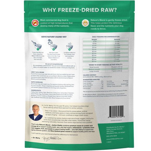 Back Label of Dr. Marty Nature's Blend Active Vitality Freeze Dried Raw Food for Senior Dogs