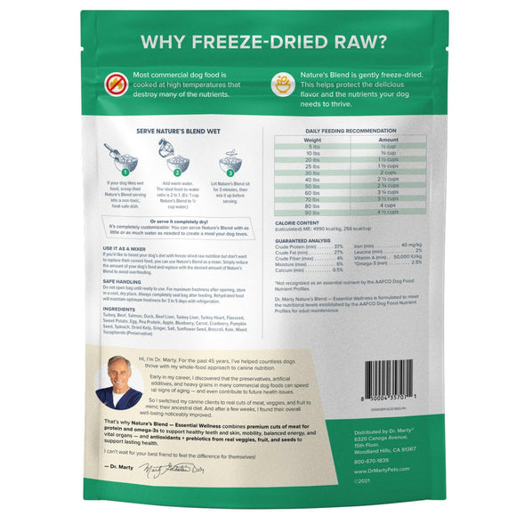 label information of Dr. Marty Nature’s Blend Essential Wellness Freeze-Dried Raw Dog Food,