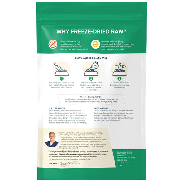 Back Label of Dr. Marty Nature's Blend Healthy Growth Freeze Dried Raw Food for Puppies
