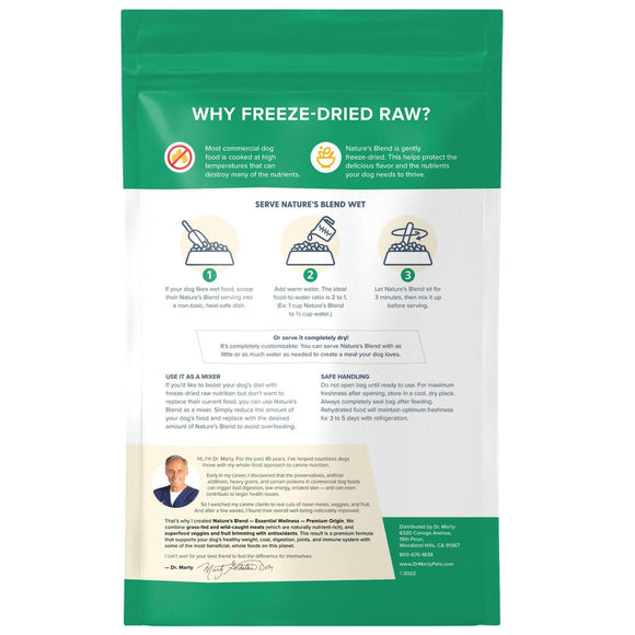Back Label of Dr. Marty Nature's Blend Premium Origin Freeze Dried Dog Food