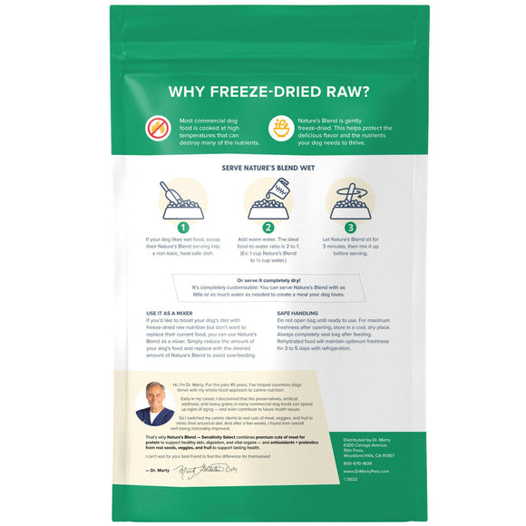 Back Label of Dr Marty Nature's Blend Sensitivity Select Freeze Dried Raw Dog Food (48 oz)
