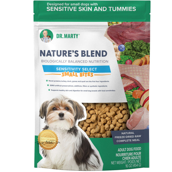 Dr. Marty's Nature's Blend Sensitivity Select Small Bites dog food package on a white background