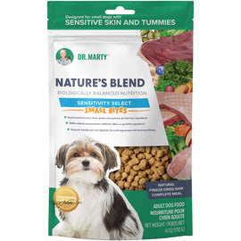 Dr. Marty Nature's Blend dog food package with a small dog on the label.
