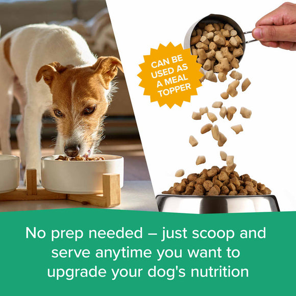 Dog eating from a bowl with text about using pet food as a meal topper.