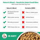 Nature's Blend Sensitivity Select Small Bites dog food product details with Dr. Marty's branding.