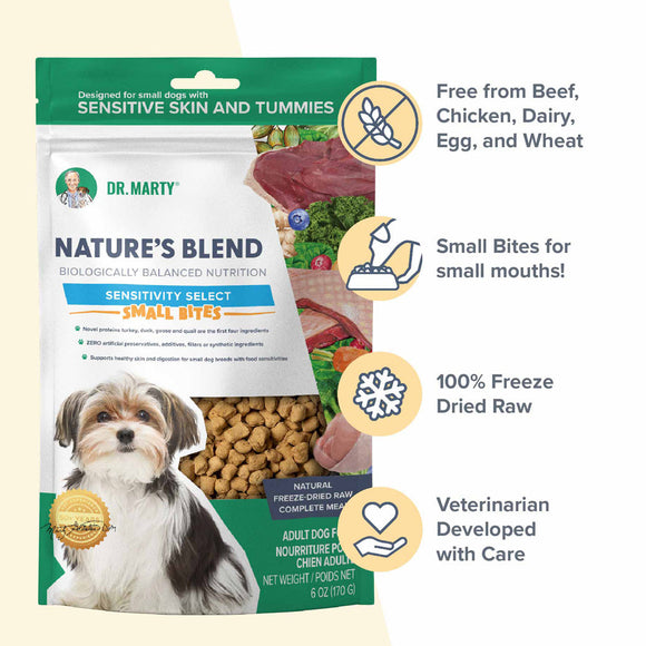 Dr. Marty's Nature's Blend dog food package with features listed on a white background