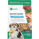 Dog food package for small dogs with sensitive skin and tummies, featuring images of a dog and various ingredients.