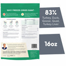 Nature's Blend freeze-dried raw pet food package with ingredient information and weight details.