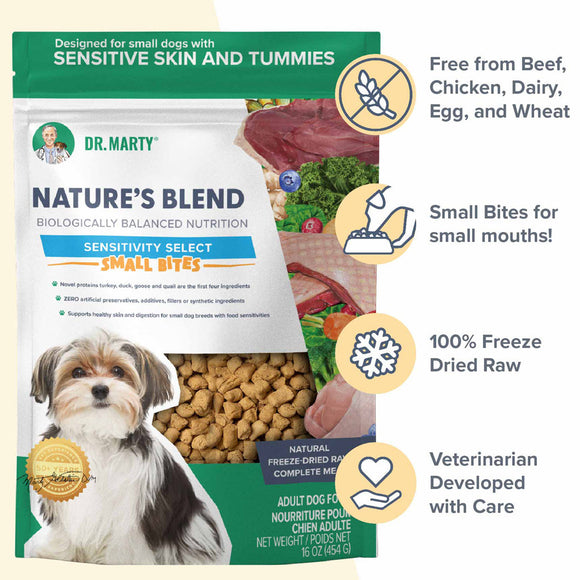 Dr. Marty Nature's Blend dog food package with product details on a white background
