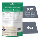 Package of freeze-dried raw pet food with text and branding elements.