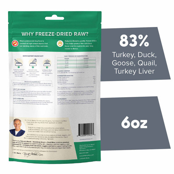 Package of freeze-dried raw pet food with text and branding elements.