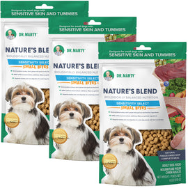Multiple packages of Dr. Marty's Nature's Blend dog food for sensitive skin and tummies.