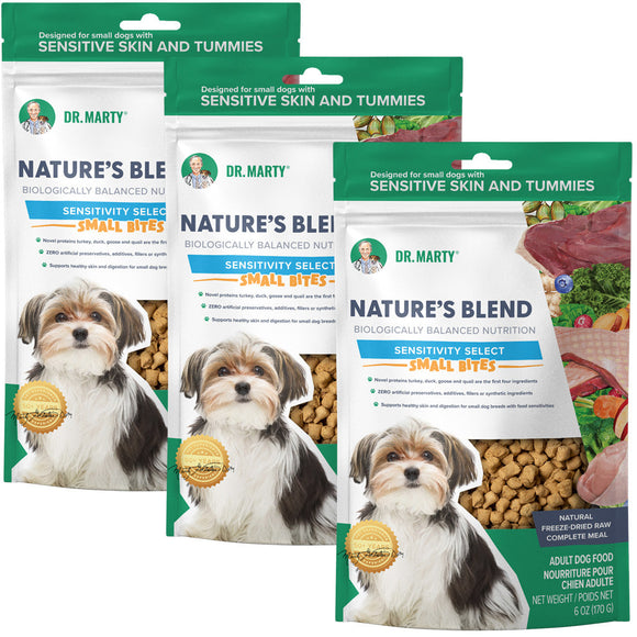 Multiple packages of Dr. Marty's Nature's Blend dog food for sensitive skin and tummies.