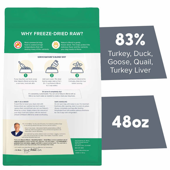 Dog food packaging with text and graphics on a white background