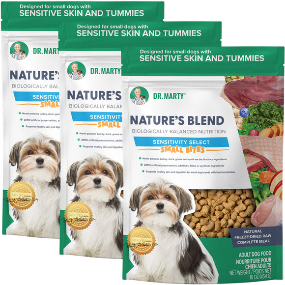 Three packages of Dr. Marty's Nature's Blend dog food for small dogs with sensitive skin and tummies.