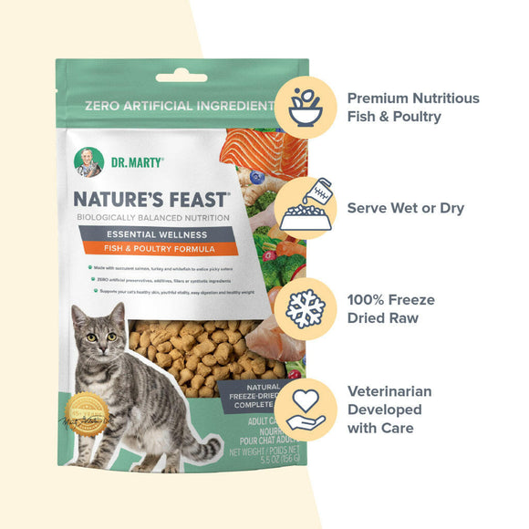 Food Benefits of Dr. Marty Nature's Feast Essential Wellness Fish & Poultry Freeze Dried Raw Cat Food (5.5oz)