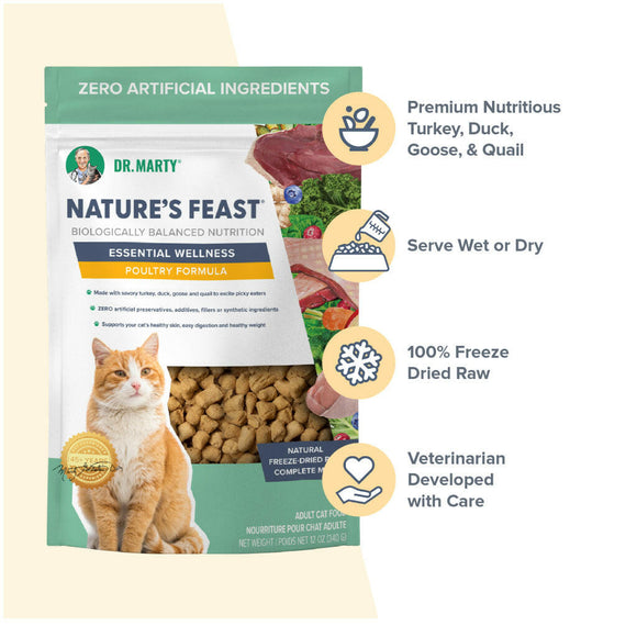 Food benefits of Dr. Marty Nature's Feast Essential Wellness Poultry Freeze Dried Raw Cat Food