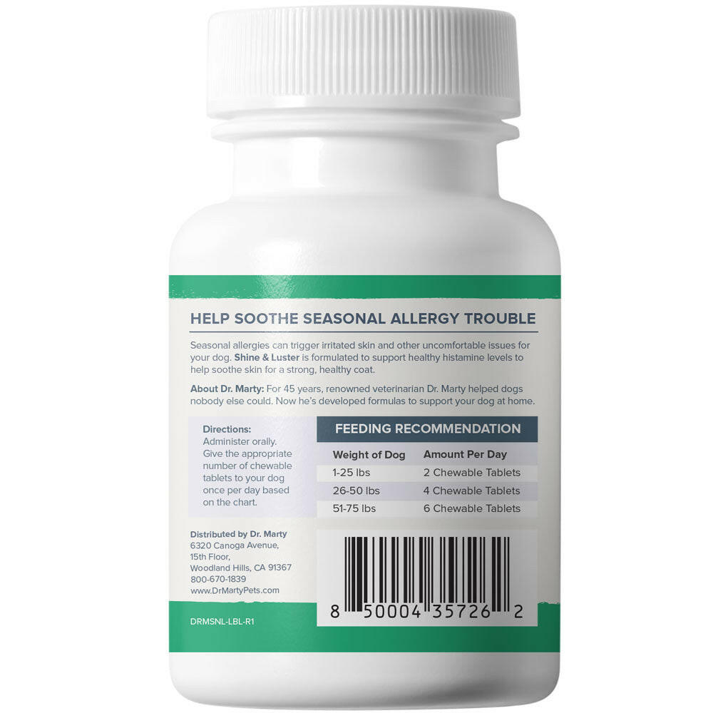 Shop at HardyPaw for the best dr marty shine and luster coupon this season. Dr marty shine and luster for dogs consists of  omega 3 fish oil powder, plant phytosterols, quercetin dihydrate, stinging nettle leaf powder, and salmon cartilage proteoglycans. Shine and Luster may arguably be the best dog allergy supplement if you're looking for more natural methods.