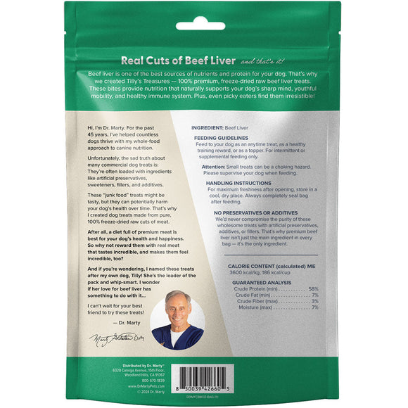 Back label of Dr. Marty Tilly’s Treasures Freeze Dried Beef Liver Dog Treats