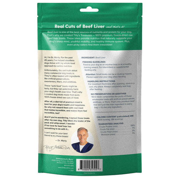 Back Label of Dr. Marty Tilly’s Treasures Freeze Dried Beef Liver Dog Treats