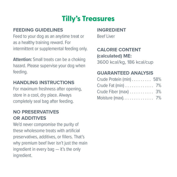 Ingredient information Dr. Marty Tilly’s Treasures Freeze Dried Beef Liver Dog Treats