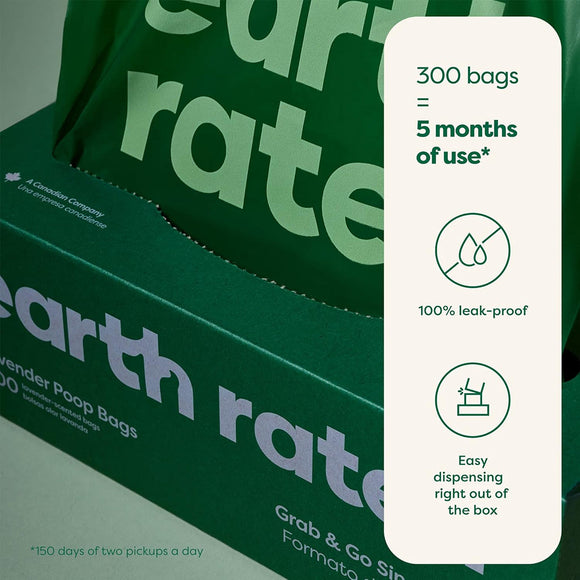 Earth Rated Dog Poop Bags Grab & Go Single Roll- Lavender Scented (300 Bags)