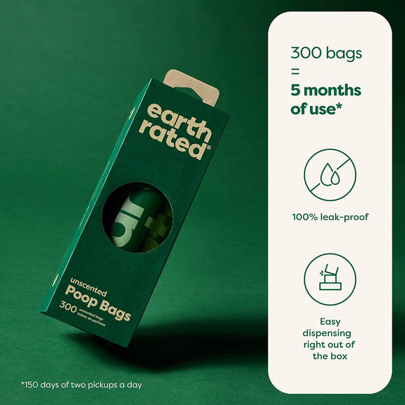Earth Rated Dog Poop Bags Grab & Go Single Roll -Unscented (300 Bags)