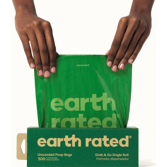 Earth Rated Dog Poop Bags Grab & Go Single Roll -Unscented (300 Bags)