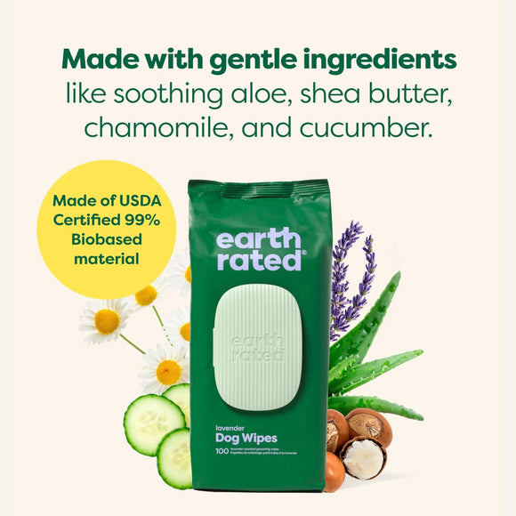 Earth Rated Hypoallergenic Dog Grooming Wipes -Lavender Scented (100 count)
