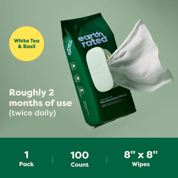 Earth Rated Hypoallergenic Dog Grooming Wipes- White Tea & Basil Scented (100 count)