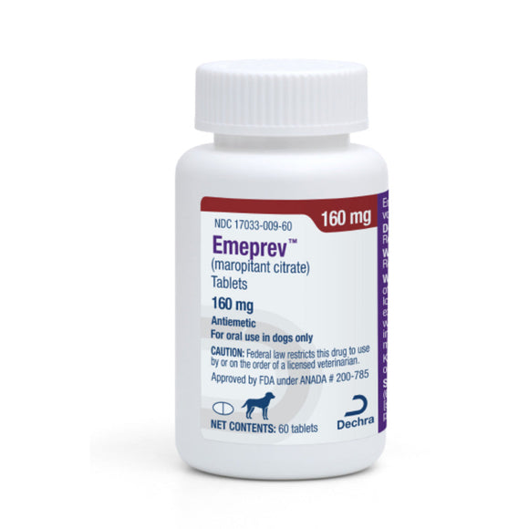 Bottle of Emeprev tablets for dogs on a white background