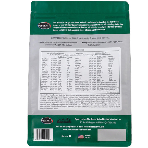 Back view of a green Equerry product packaging with text and labels.
