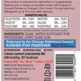 Evangers Grain Free Quail Canned Food for Dogs and Cats