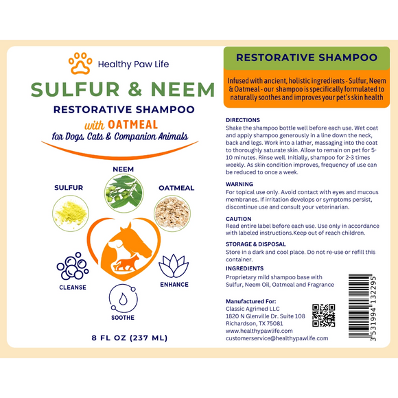 Healthy Paw Life Sulfur & Neem Restorative Shampoo with Oatmeal for Dogs, Cats & Companion Animals, 8-oz