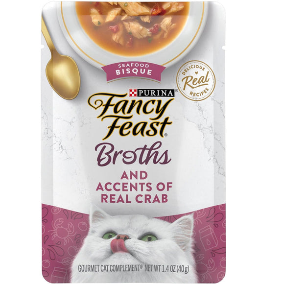 Fancy Feast Broths Seafood Bisque & Accents of Real Crab Grain-Free Lickable Cat Food Topper, 1.4-oz pouch, case of 16