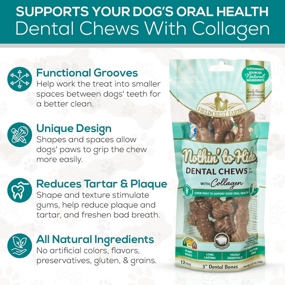 Fieldcrest Farms Nothin’ to Hide Dental Bone Beef Dog Treat 3’’ 12 pack - Dog Dental Chews & Treats 4