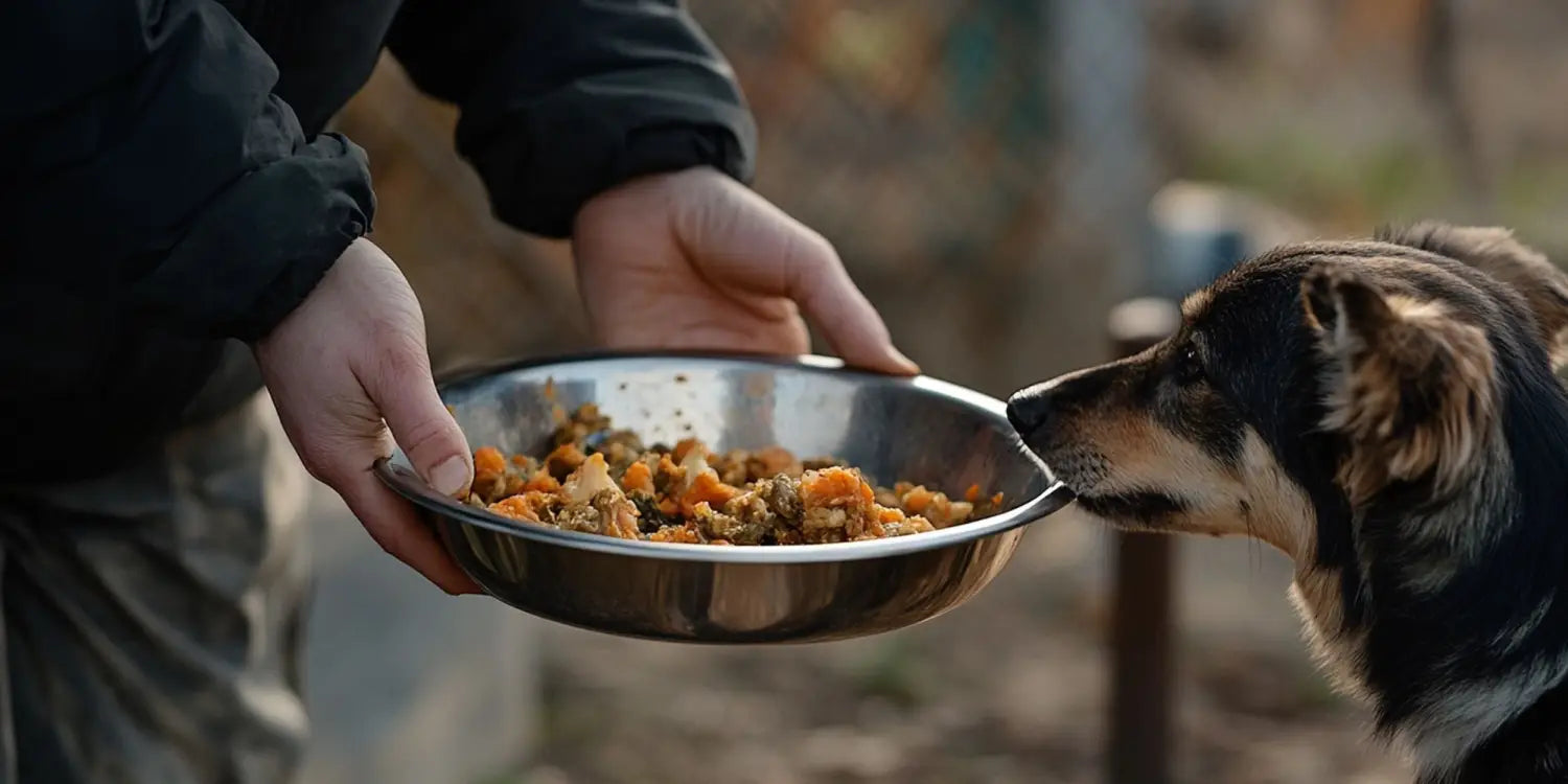 man offering a bowl of food to a dog