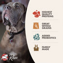 Dog with Rhea pet food packaging highlighting quality proteins, whole grains, probiotics, and family-made aspect.