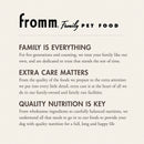 Fromm Family Pet Food advertisement with text about their commitment to pet care.